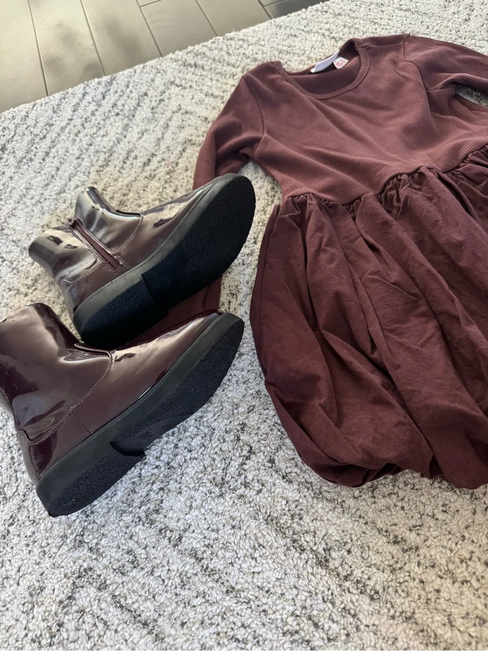 Zara Girls' Long Sleeve Bubble Dress with matching patent leather boots